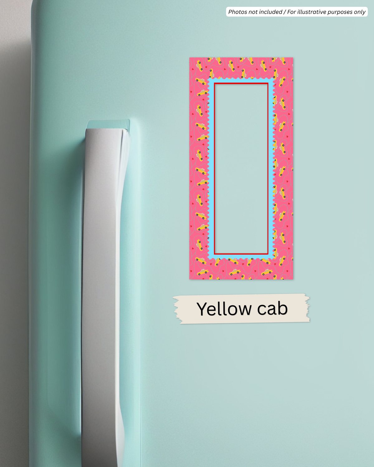 NYC Yellow Cab 2x6 photo strip magnet frame with yellow taxi pattern on pink by Neptune Paper, New York