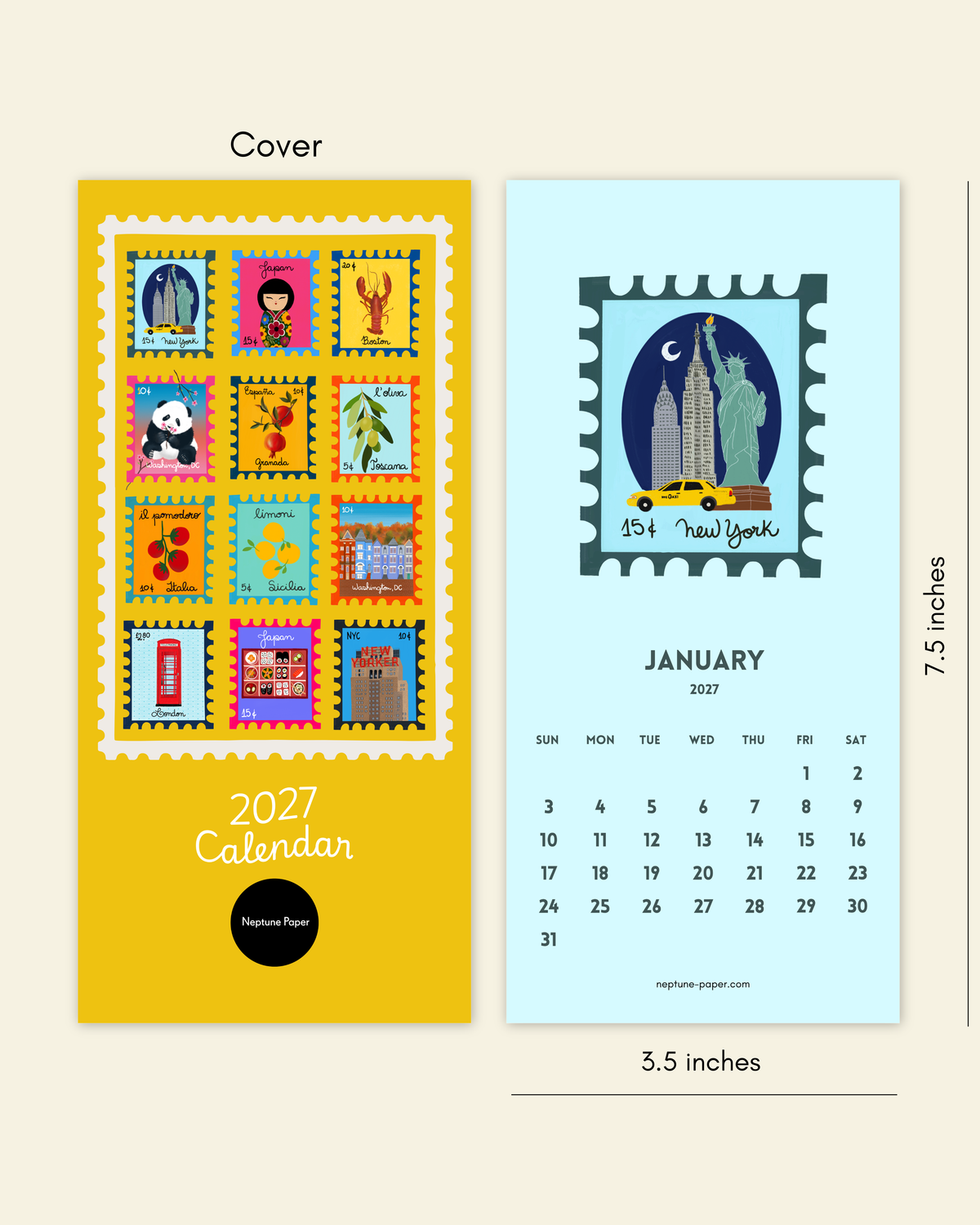 2027 Stamp-inspired Mini Wall Calendar with white Clip