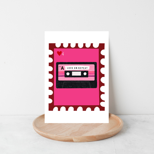 Love on Repeat Valentine Stamp Greeting Card – Retro Cassette Love Card