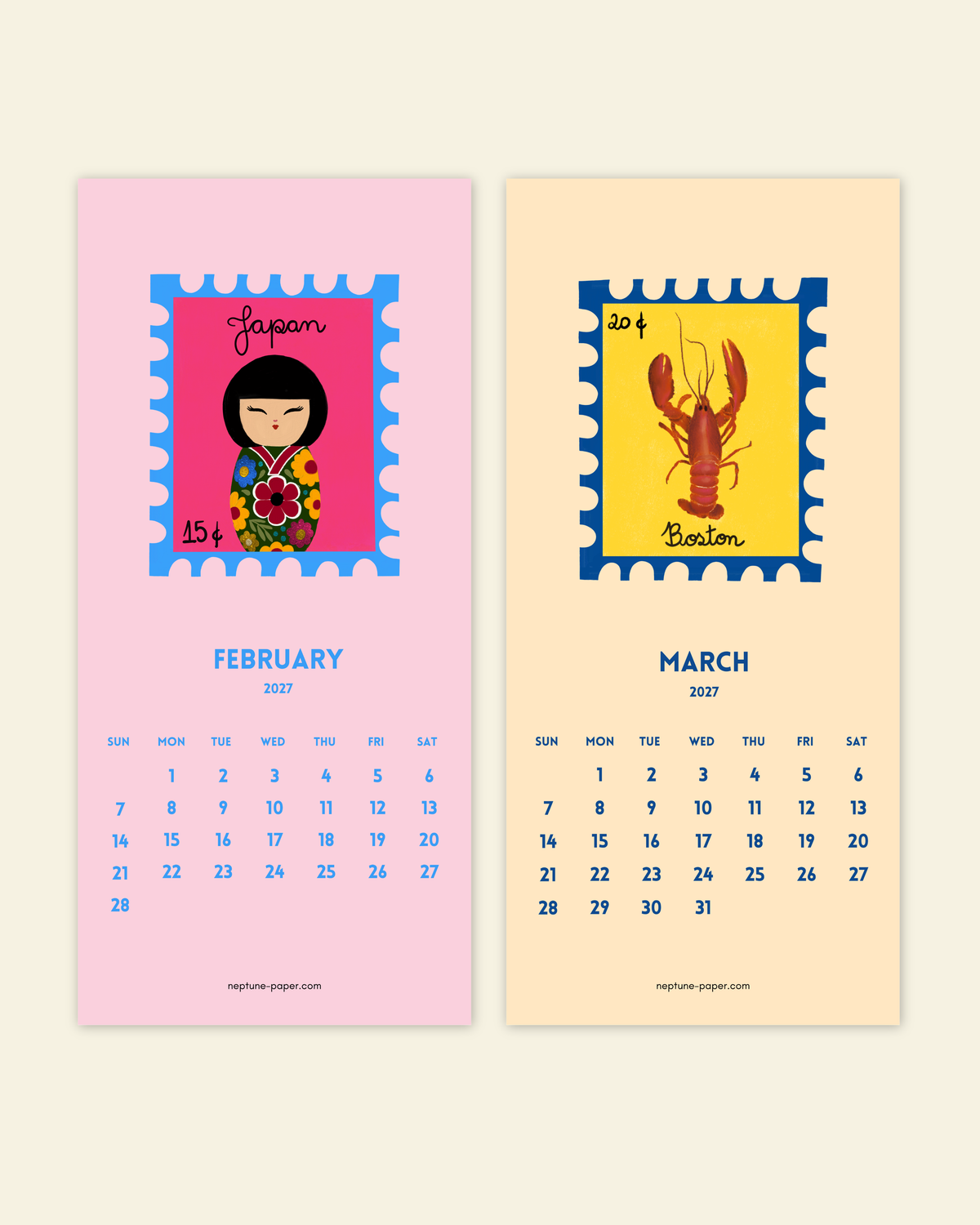 2027 Stamp-inspired Mini Wall Calendar with white Clip