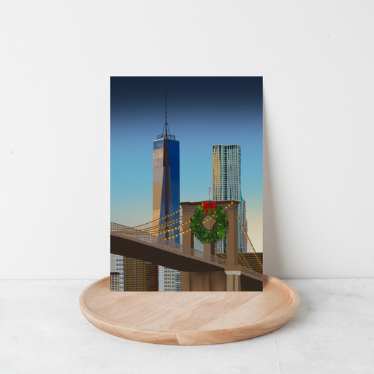 Brooklyn Bridge Christmas Card – NYC Holiday Wreath A2 Greeting Card