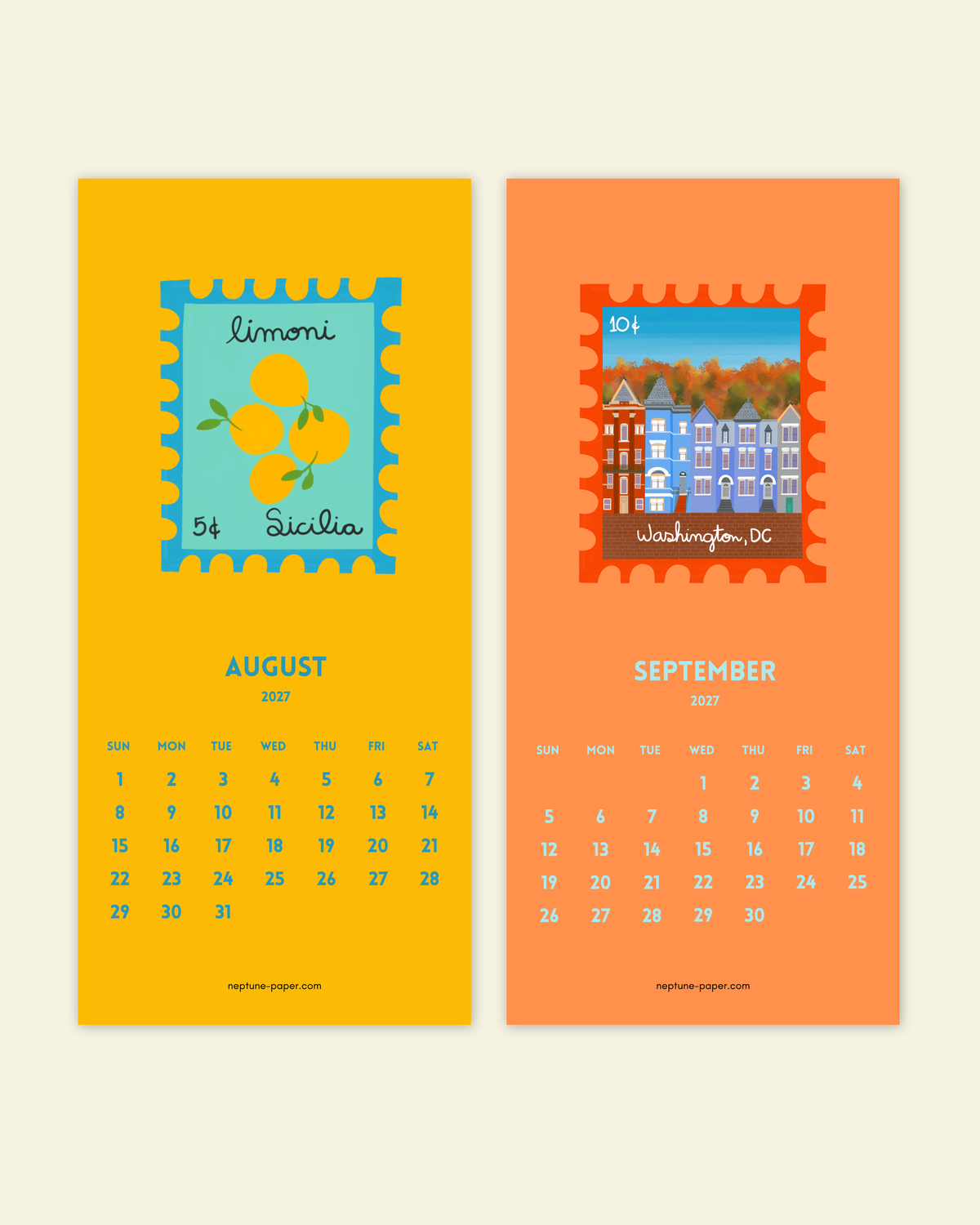2027 Stamp-inspired Mini Wall Calendar with white Clip
