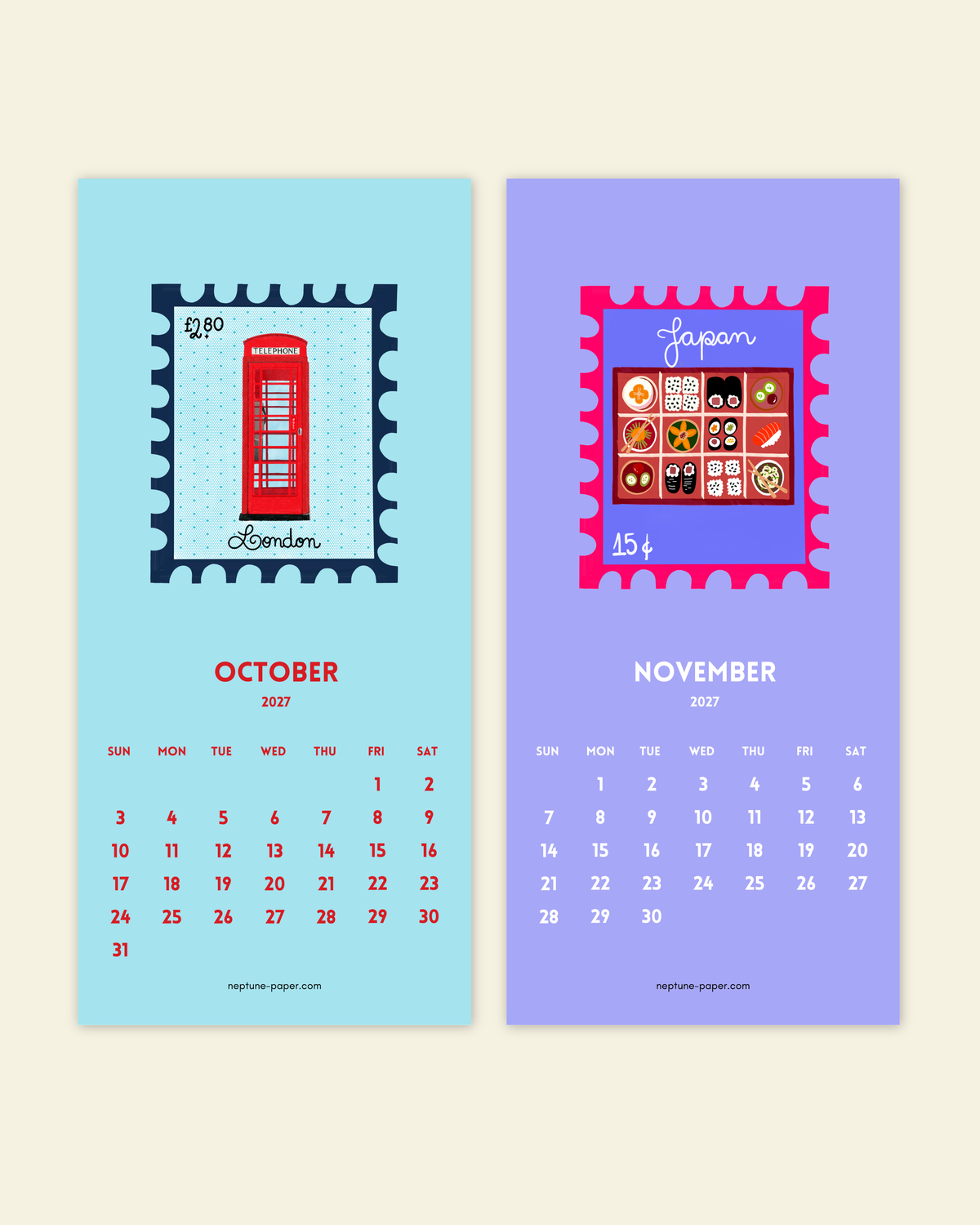 2027 Stamp-inspired Mini Wall Calendar with white Clip