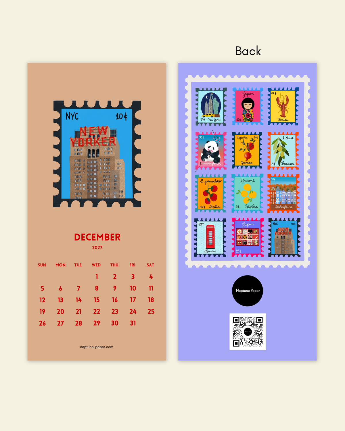 2027 Stamp-inspired Mini Wall Calendar with white Clip