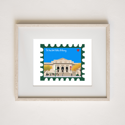 New York Public Library Fifth Avenue building stamp art print with green stamp frame, in a light wood frame by Neptune Paper, New York