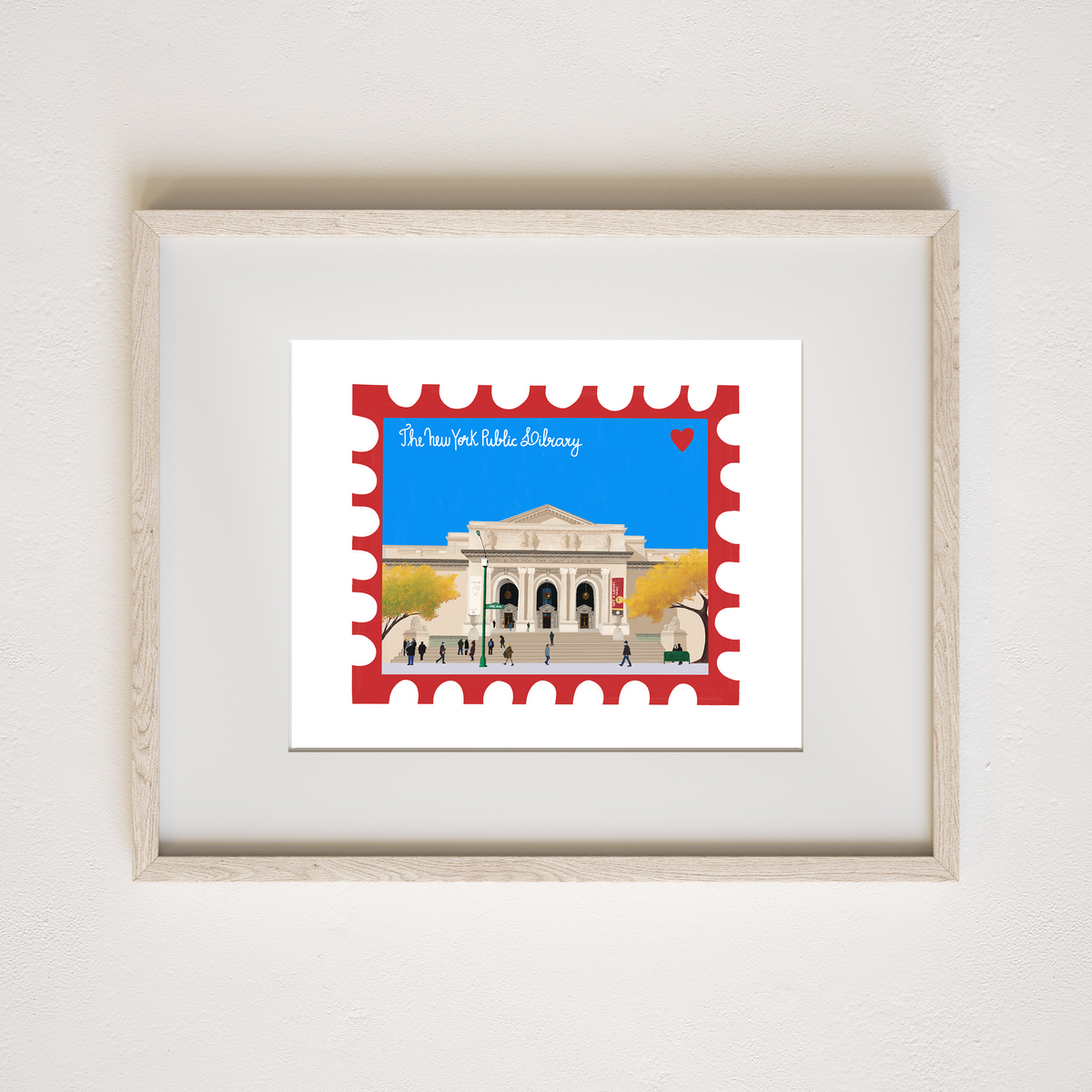 New York Public Library Fifth Avenue building stamp art print with red stamp frame, in a light wood frame by Neptune Paper, New York