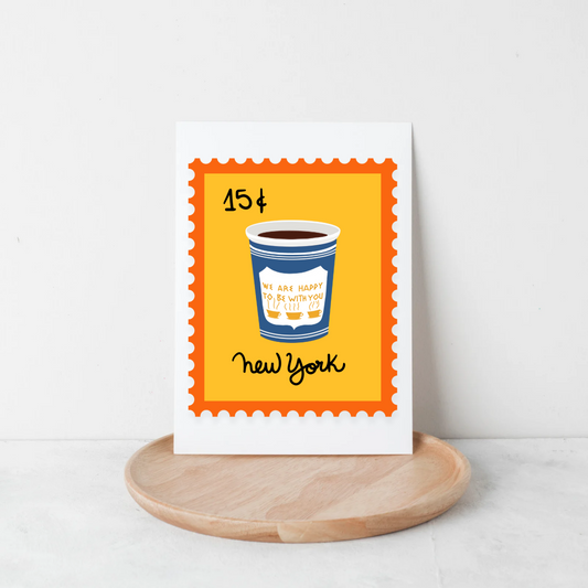 Vintage Stamp NYC Greeting Card – Pigeon, Pretzel, Pizza, Coffee & Apple