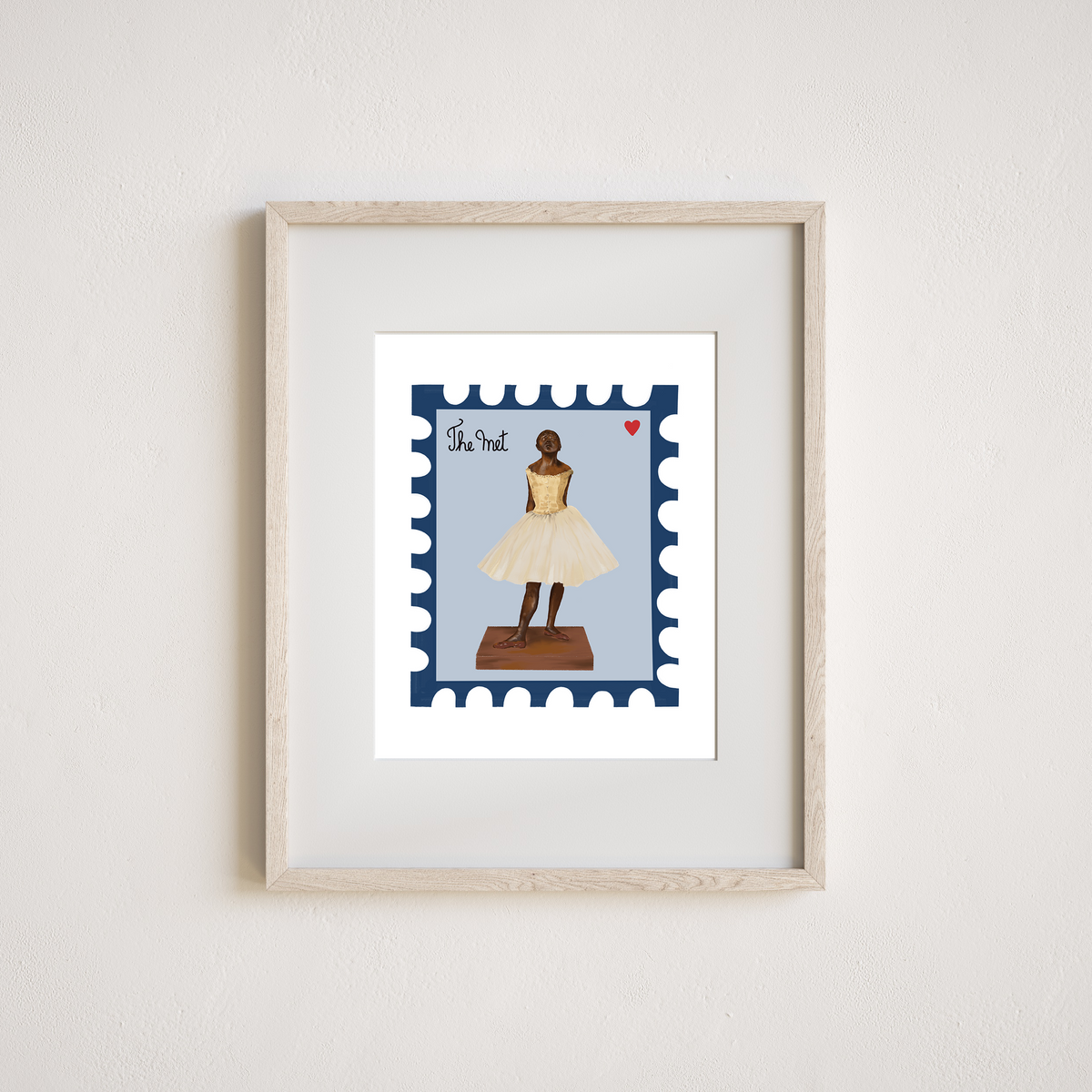 The Met Degas Little Dancer ballerina stamp art print in a light wood frame by Neptune Paper, New York