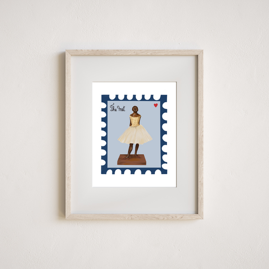 The Met Degas Little Dancer ballerina stamp art print in a light wood frame by Neptune Paper, New York