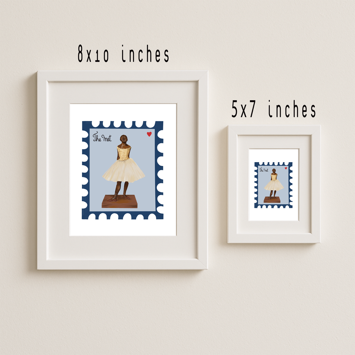 The Met Degas Little Dancer ballerina stamp art print, shown in 8x10 and 5x7 sizes by Neptune Paper, New York