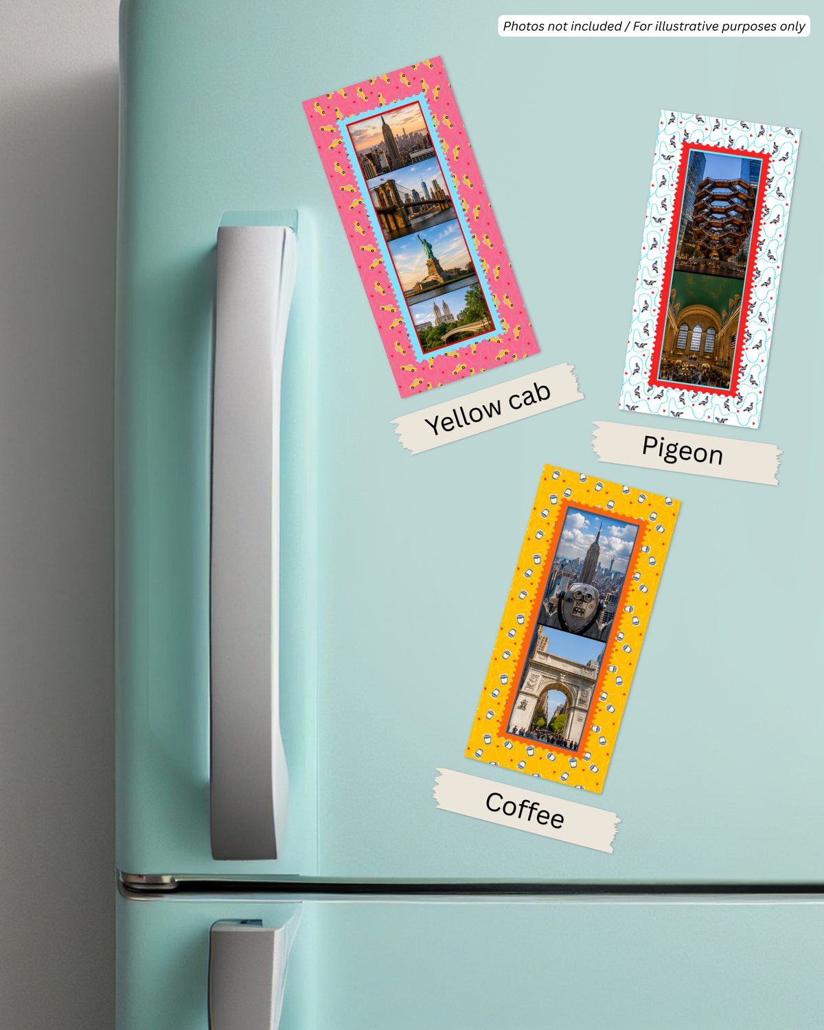 NYC photo strip magnet frames in Yellow Cab, Pigeon and Coffee designs on a fridge by Neptune Paper, New York
