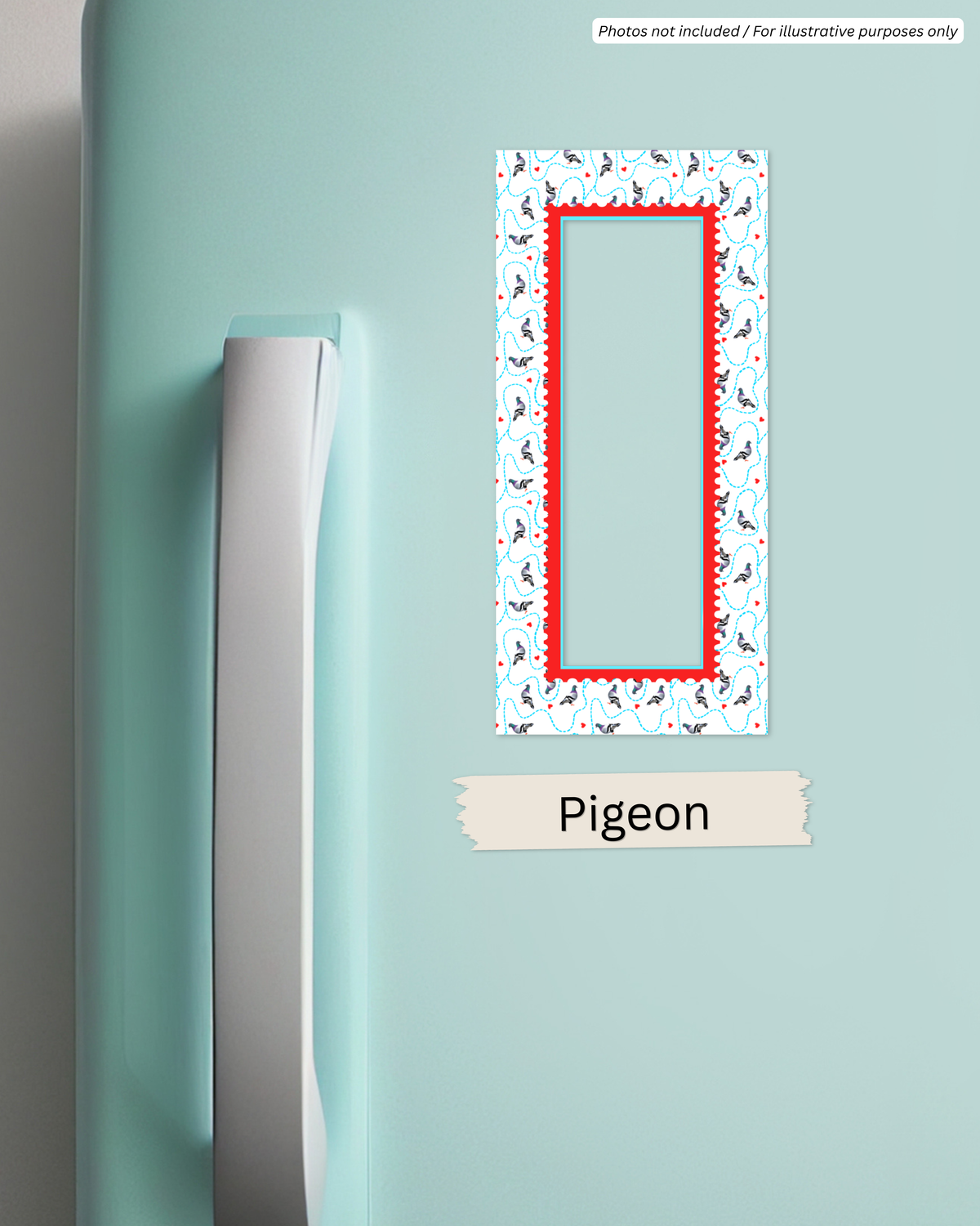 NYC Pigeon 2x6 photo strip magnet frame with pigeon pattern and red stamp border by Neptune Paper, New York